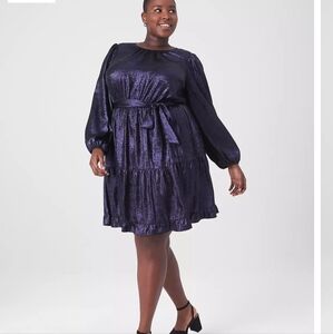Lane Bryant navy shimmer Blouson Sleeve Belted Fit-Flare Dress Night Sky Sz 18